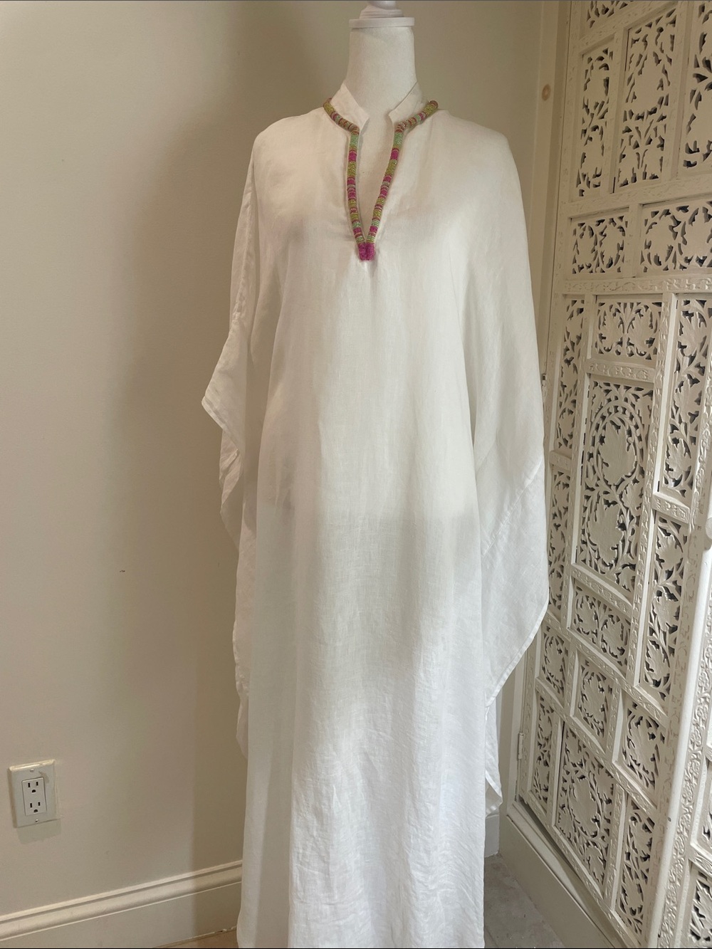 White Linen Caftan Dress with Pink & Green Trim
